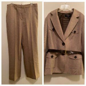 Kasper Brown Pant Suit Set Blazer w/ Belt & Trousers Size 12
